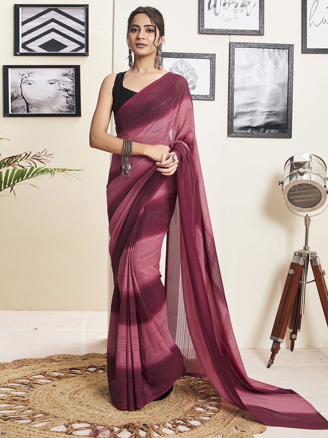 

Mitera Striped Zari Pure Georgette Ready to Wear Saree, Pink