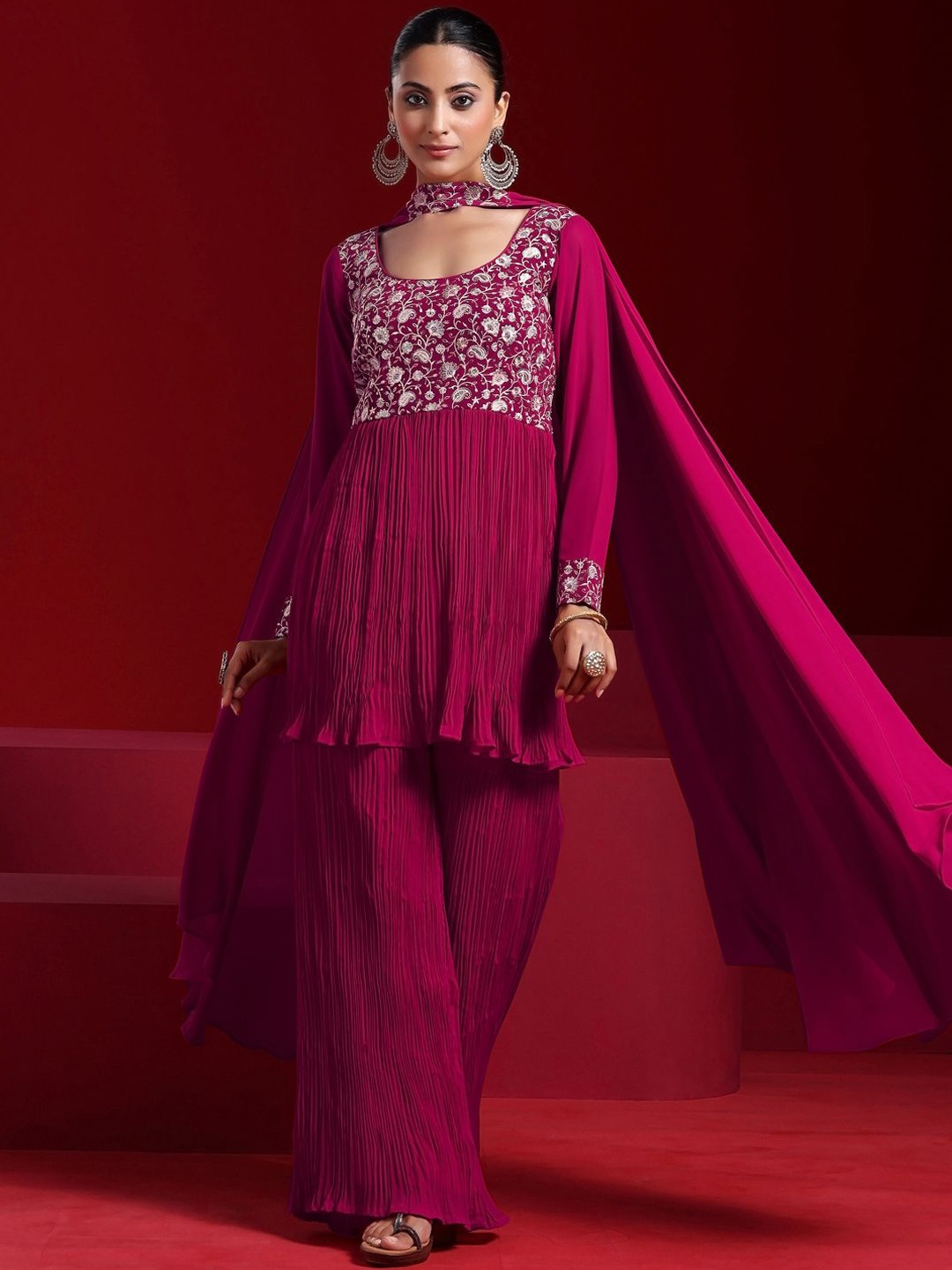 

Libas Art Floral Embroidered Empire Sequinned Kurti with Sharara & Dupatta, Pink