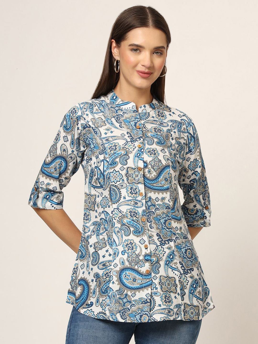 

Divena Women Print Mandarin Collar Top, White