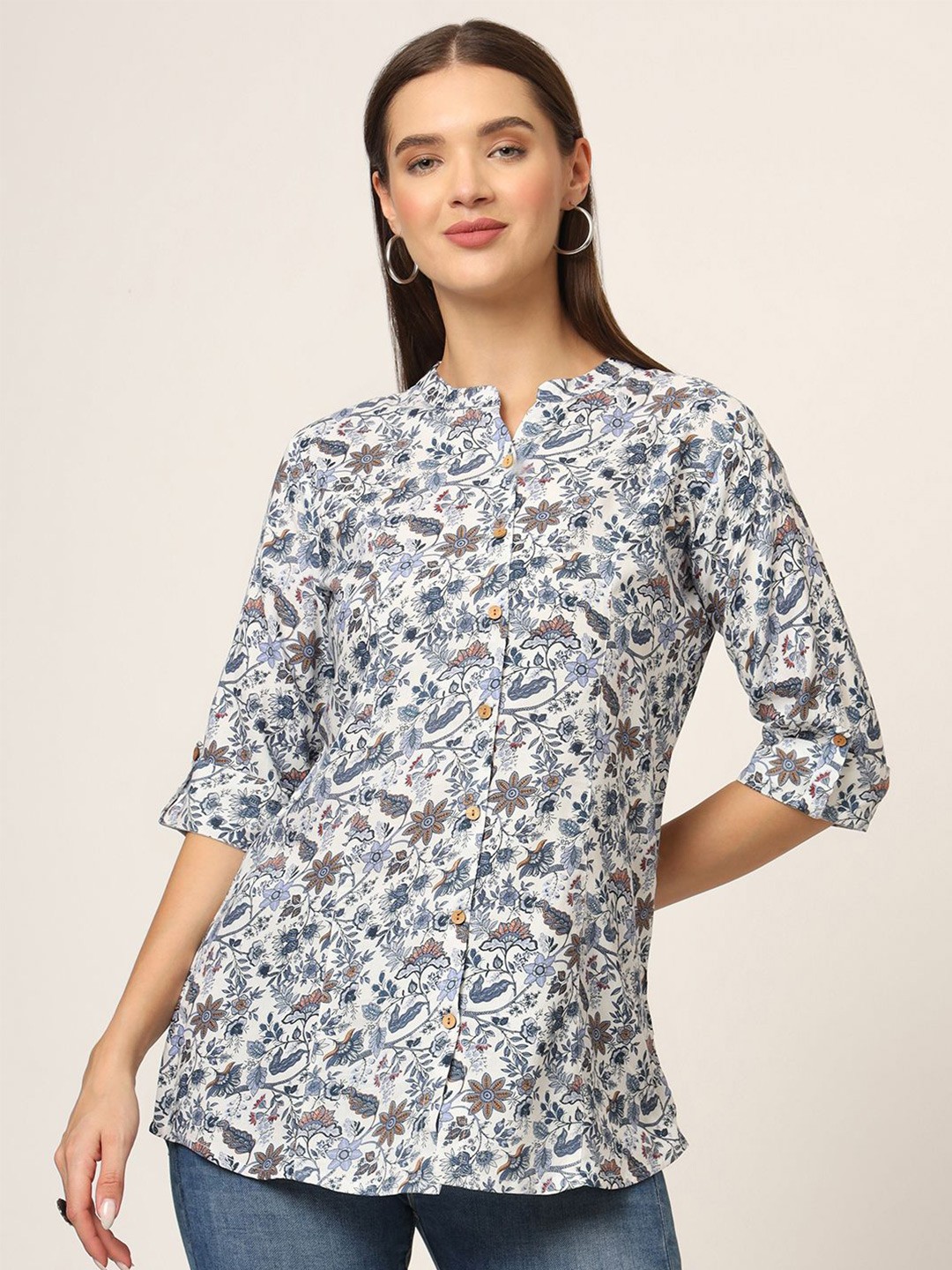 

Divena Women Floral Print Mandarin Collar Shirt Style Top, Blue