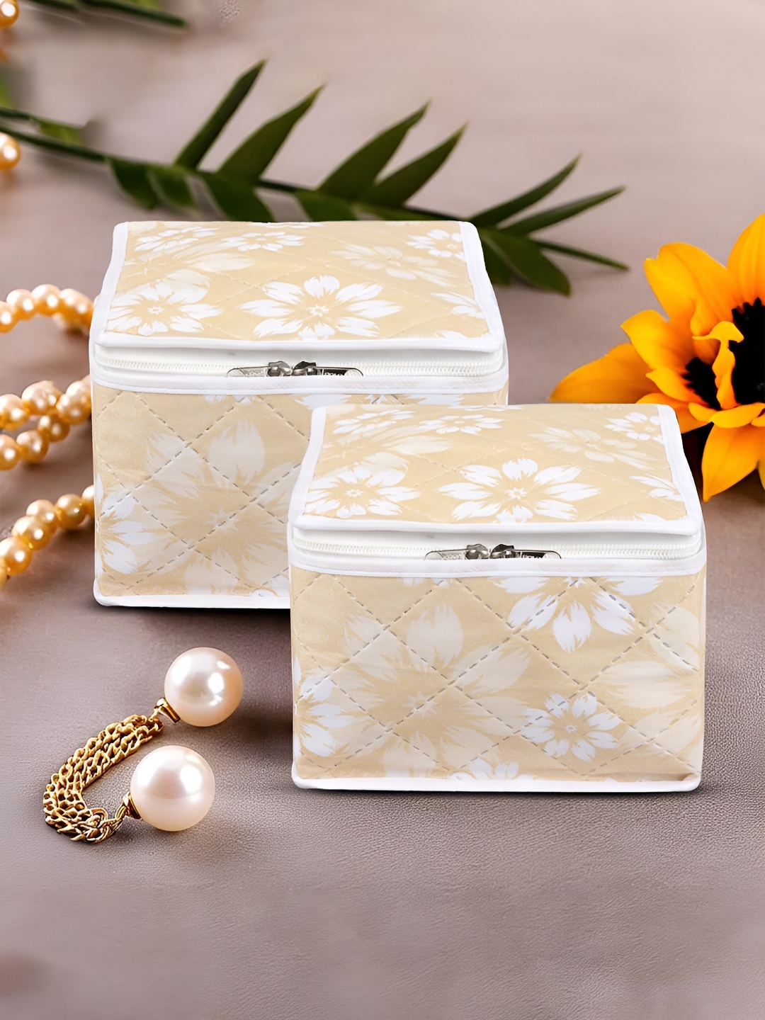 

Kuber Industries Beige & White 2 Pieces Printed Makeup Organisers