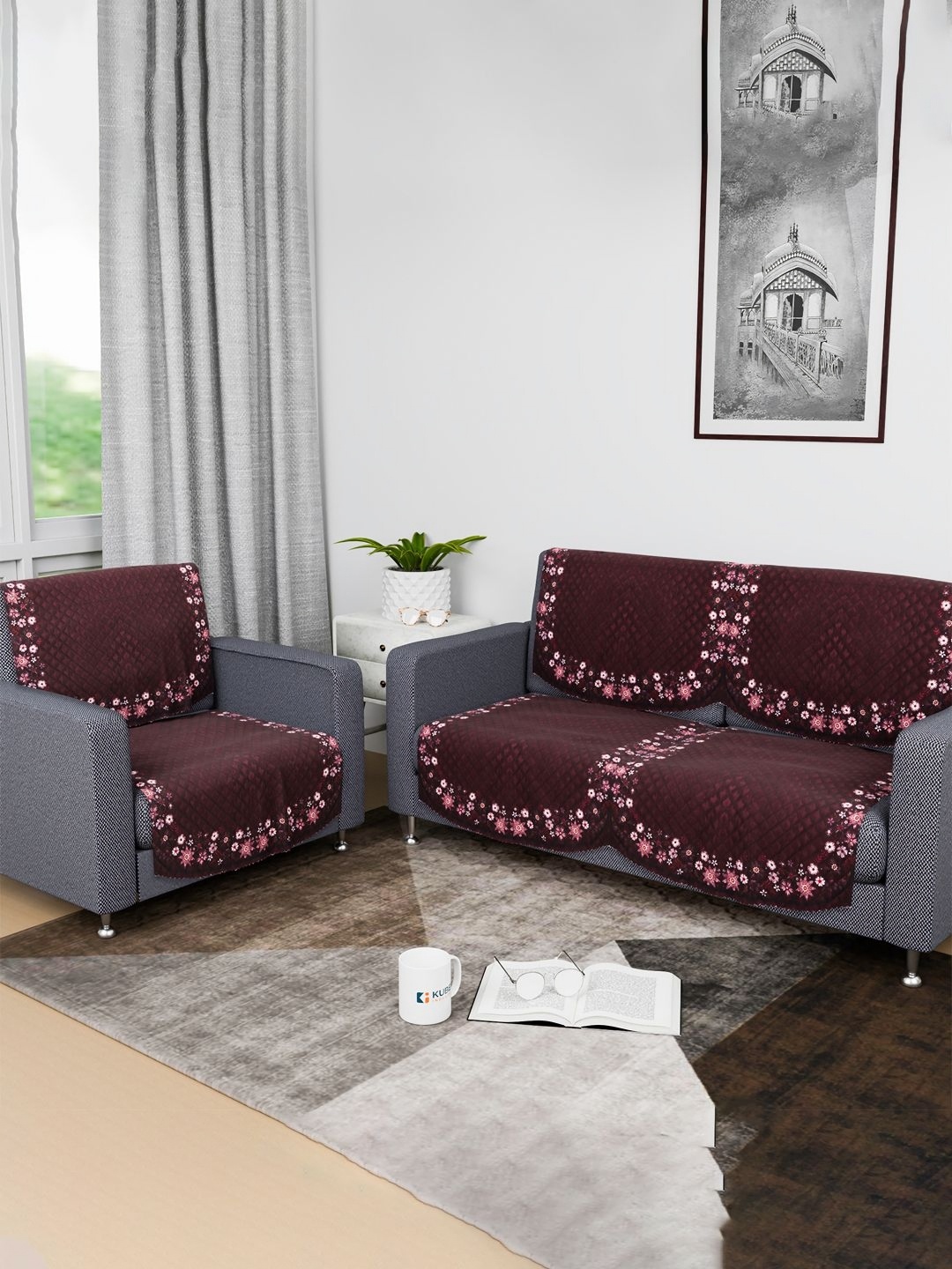 

Kuber Industries Maroon & Pink 6 Pieces 3 Seater Printed Velvet Sofa Covers