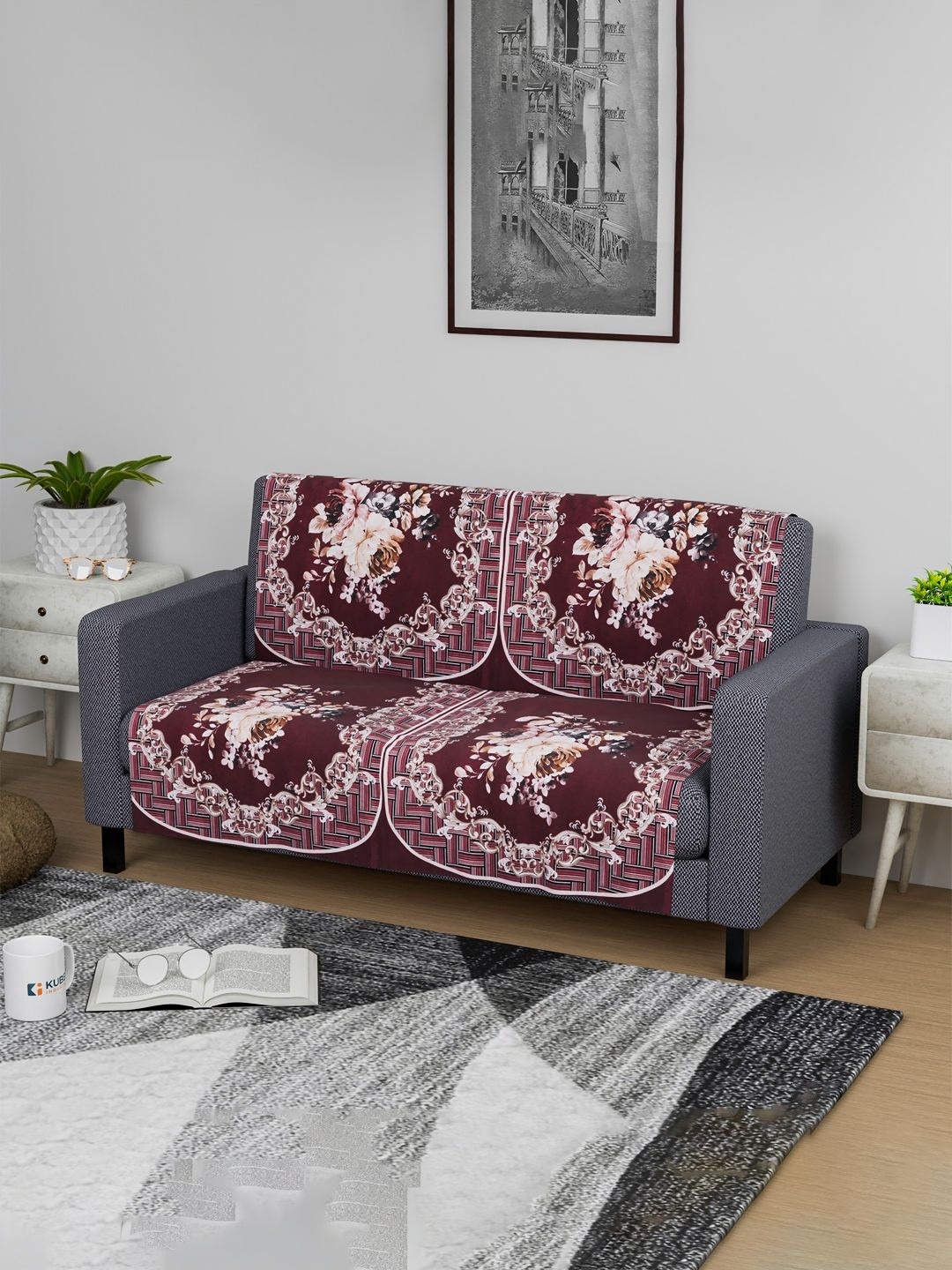 

Kuber Industries Maroon & White 4 Pieces 2-Seater Printed Velvet Sofa Covers
