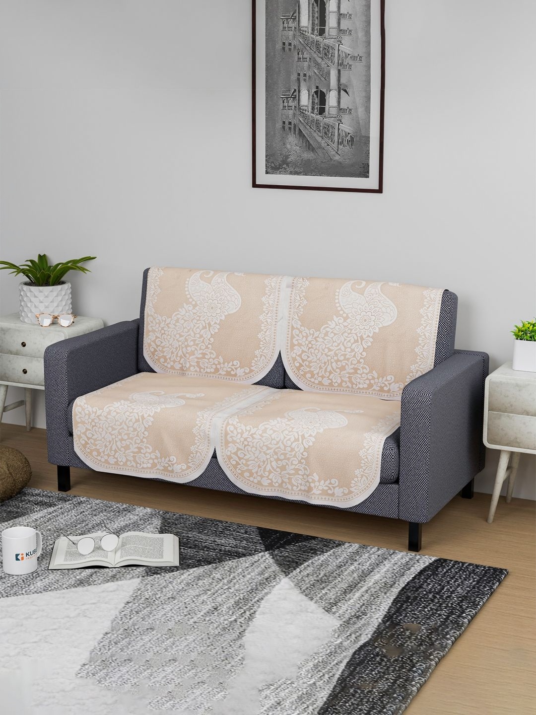 

Kuber Industries Cream-Coloured & White 4 Pieces Printed 2-Seater Cotton Sofa Covers