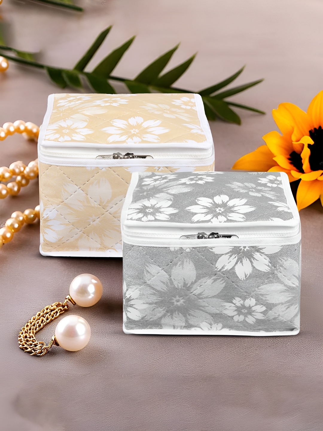 

Kuber Industries Grey & White 2 Pieces Printed Makeup Organisers