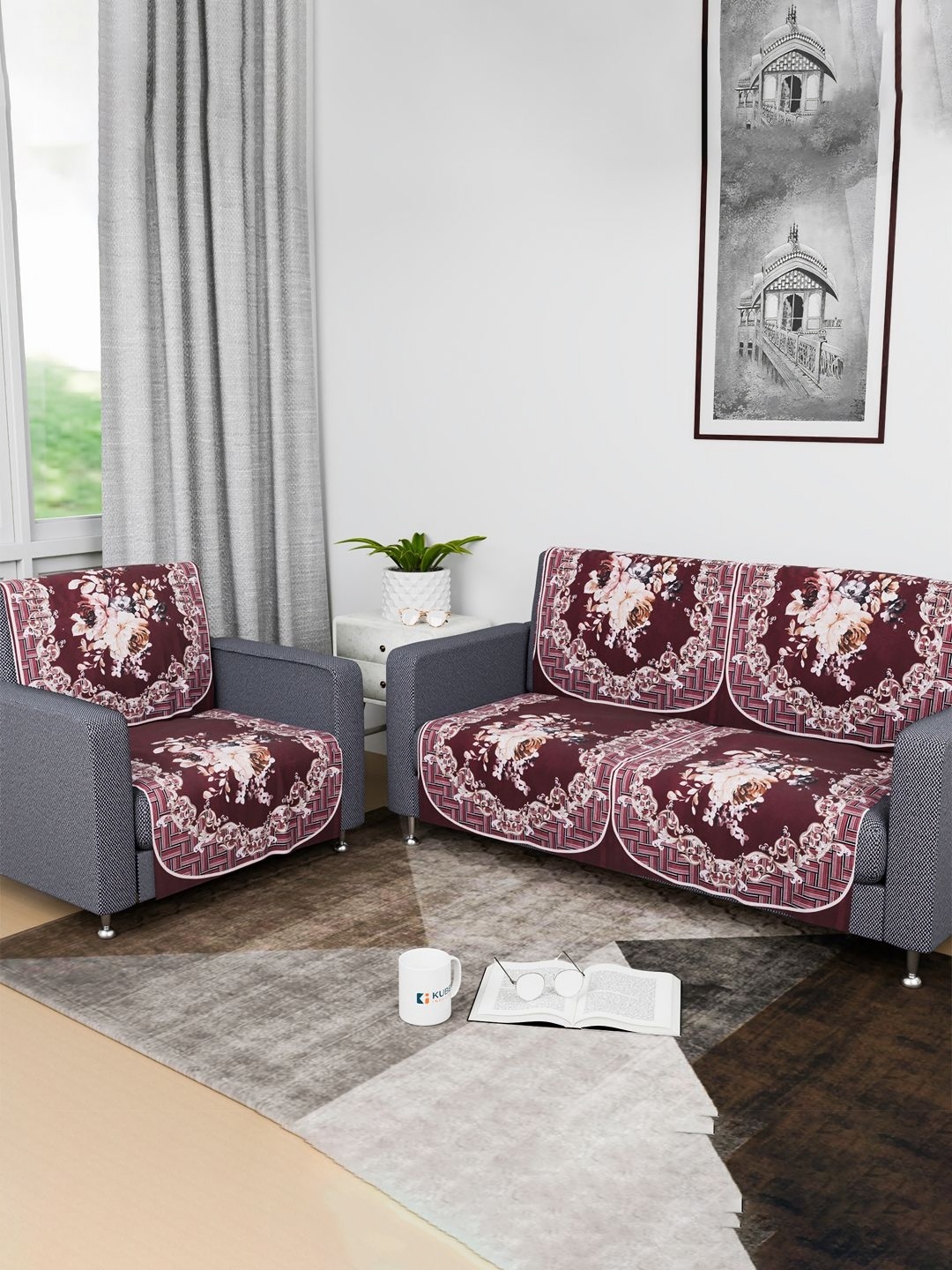 

Kuber Industries Maroon & White 6 Pieces Printed 3-Seater Velvet Sofa Covers