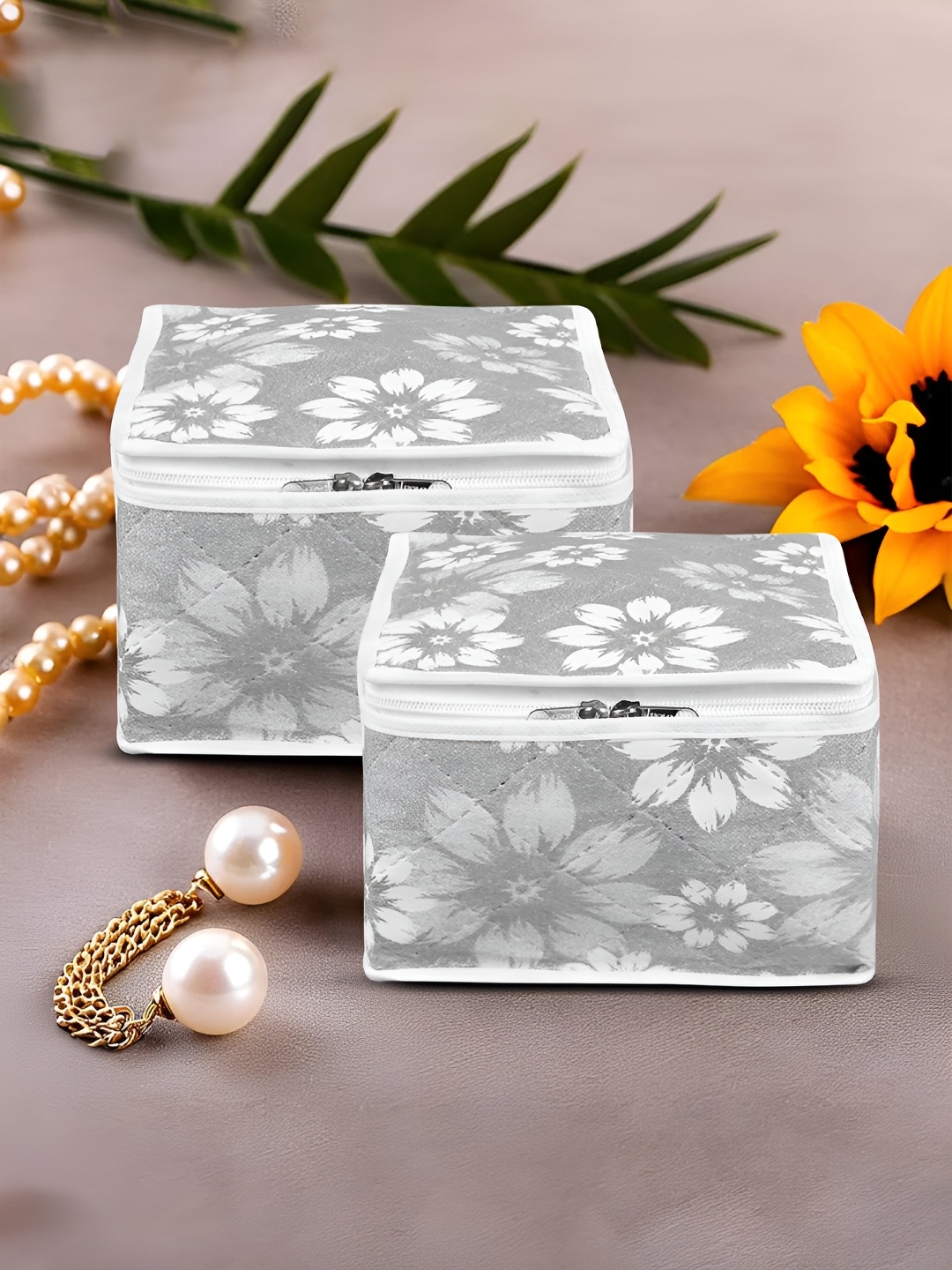 

Kuber Industries Grey & White 2 Pieces Printed Makeup Organisers