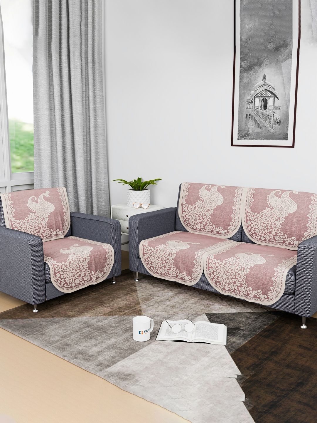 

Kuber Industries Pink & White 6 Pieces Printed 3-Seater Cotton Sofa Covers