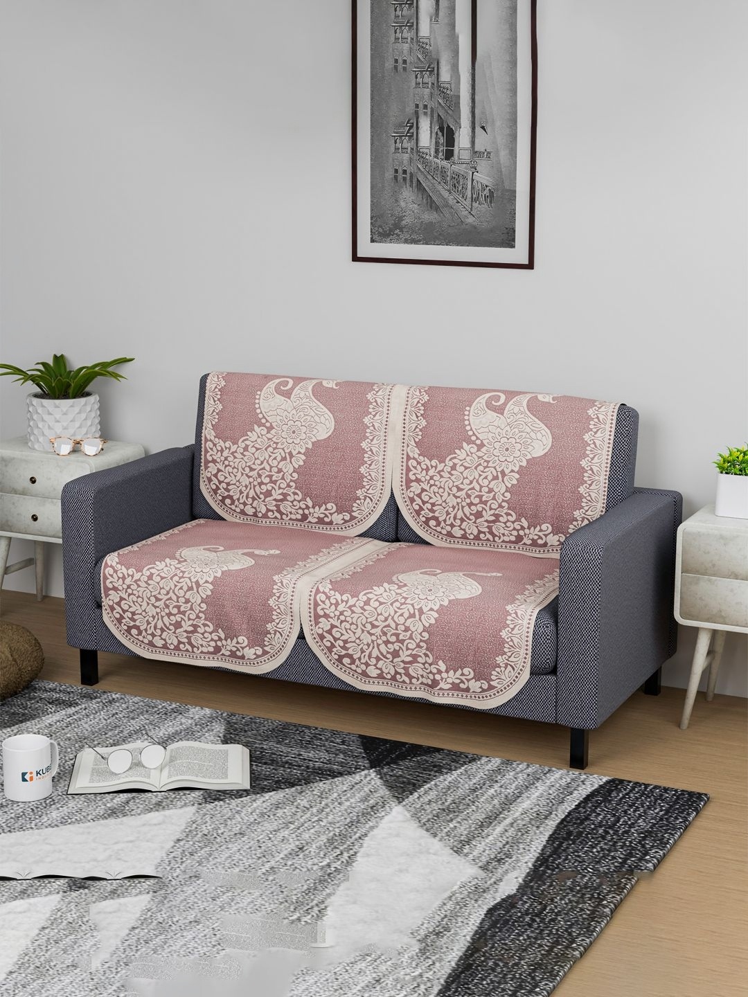 

Kuber Industries Pink & Cream-Coloured 4 Pieces Printed 2-Seater Cotton Sofa Cover