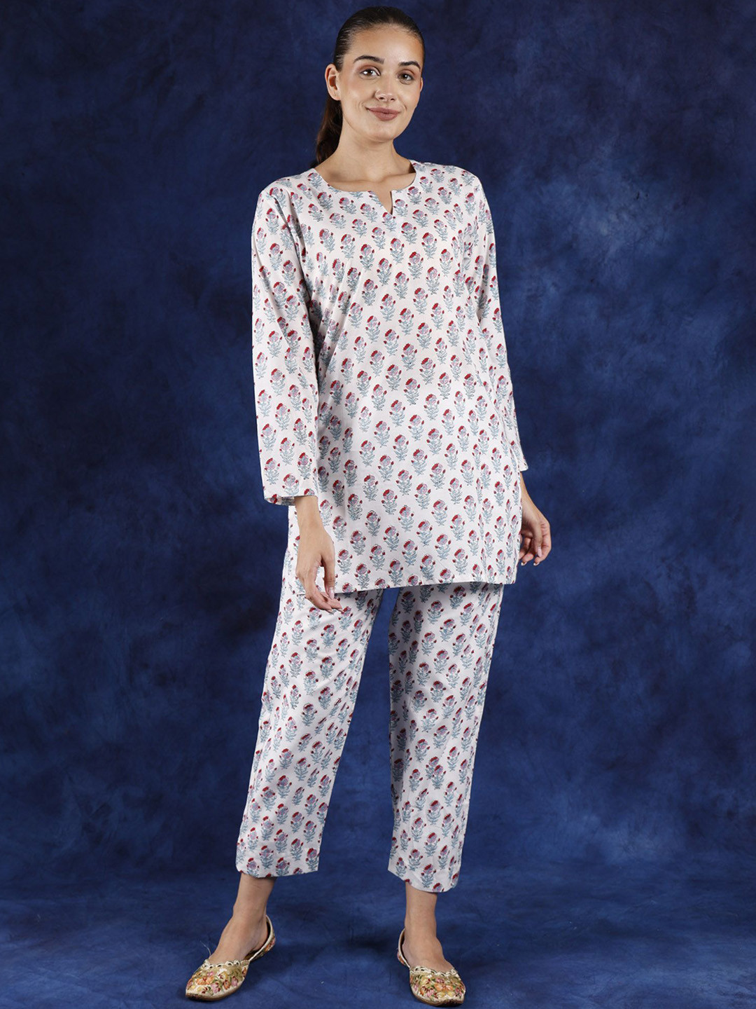 

Exotic India Printed Cotton Top With Palazzos Co-Ords, White
