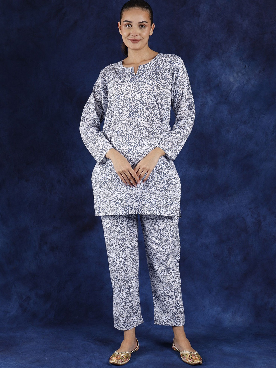 

Exotic India Printed Pure Cotton Top With Trousers Co-Ords, Blue
