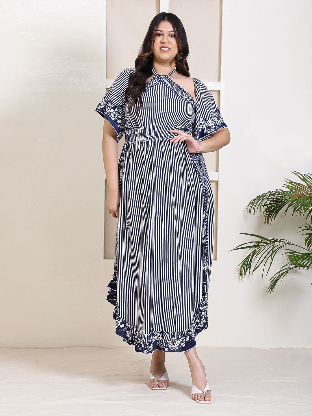 

DEEBACO Plus Size Striped Halter Neck A-Line Dress, Blue