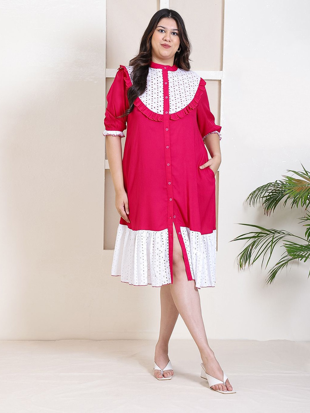 

DEEBACO Plus Size Schiffli Embroidered Shirt Dress, Magenta