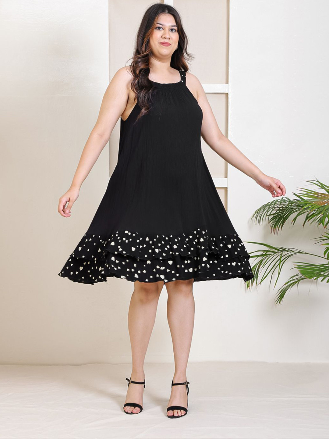 

DEEBACO Plus Size Print Sleeveless Tiered A-Line Dress, Black