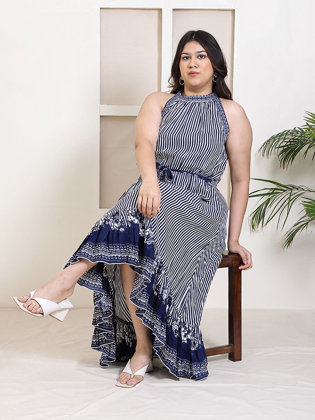 

DEEBACO Plus Size Striped Fit and Flare Midi Dress, Blue