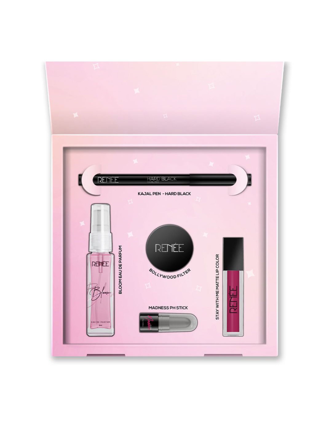 

Renee Set Of 5 Liquid Lipstick, Madness Lipstick, Kajal, Bollywood Filters & EDP Gift Set, Multi