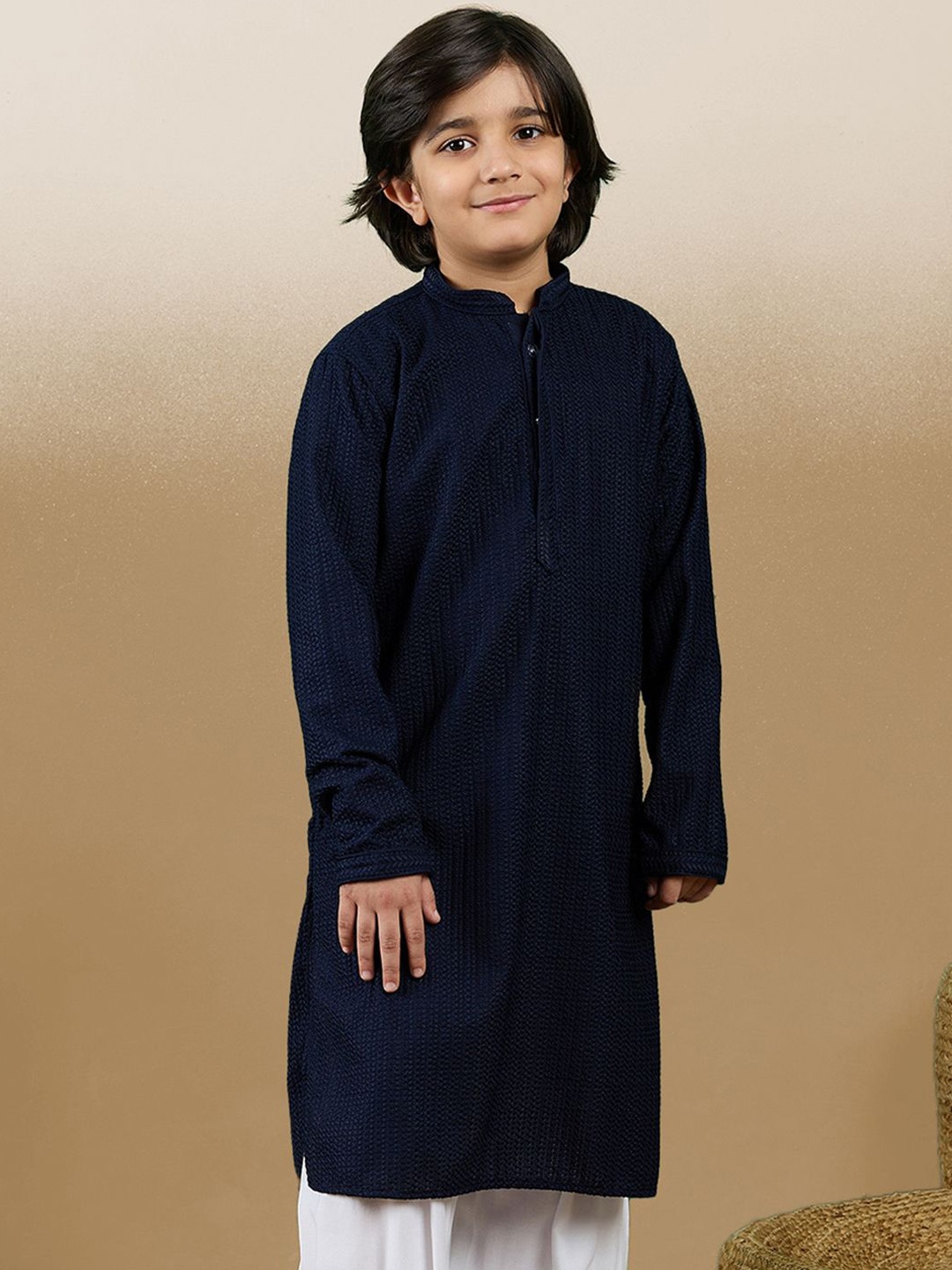 

Sanwara Dapper & Dazzling Boys Mandarin Collar Cotton Straight Kurta, Blue
