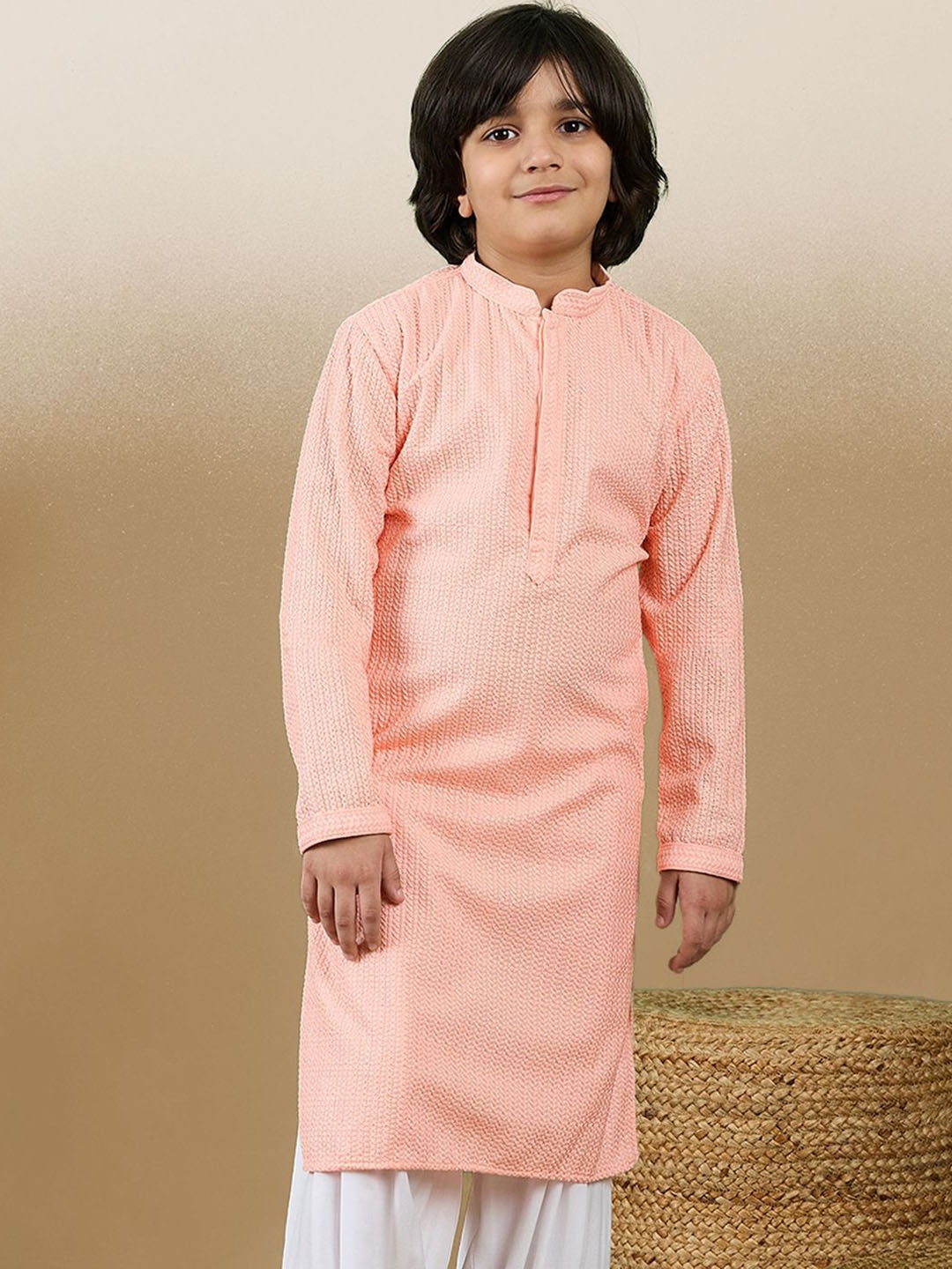 

Sanwara Dapper & Dazzling Boys Mandarin Collar Thread Work Cotton Straight Kurta, Pink