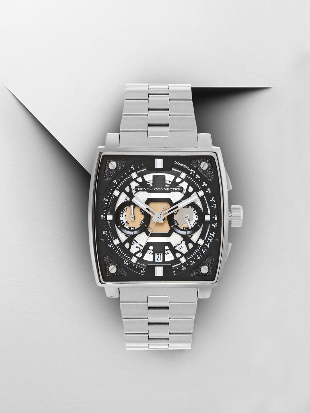 

French Connection Men Skeleton Bracelet Style Straps Analogue Chronograph Watch FCT1SM, Black