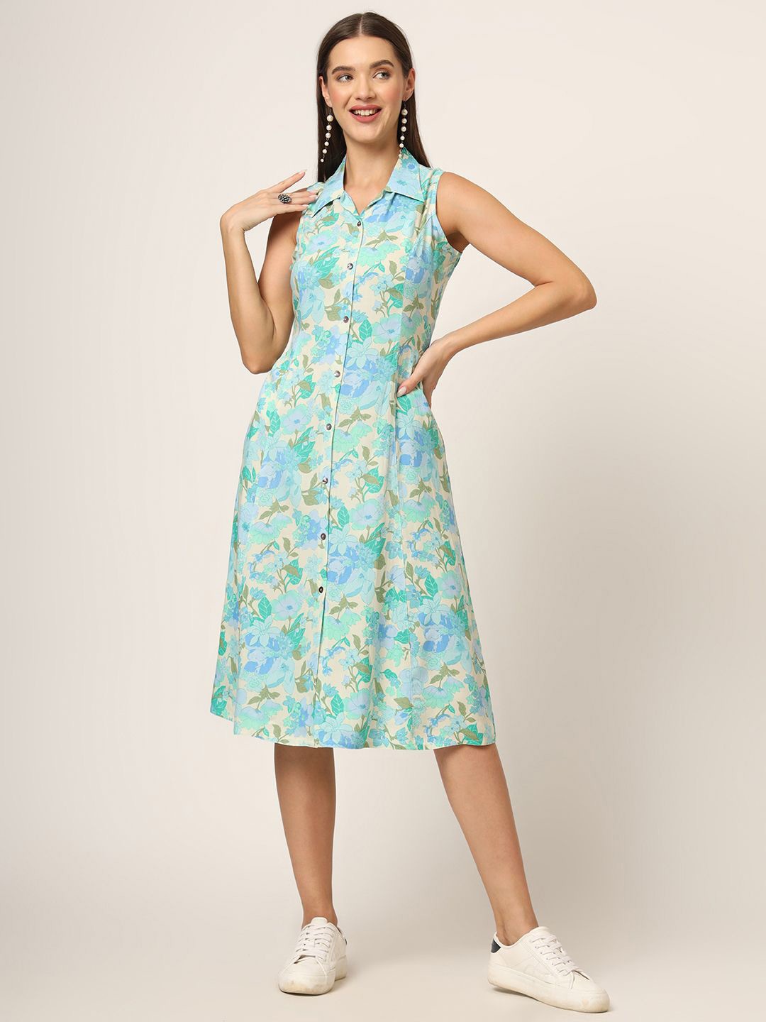

Divena Floral Print Sleeveless Shirt Dress, Green