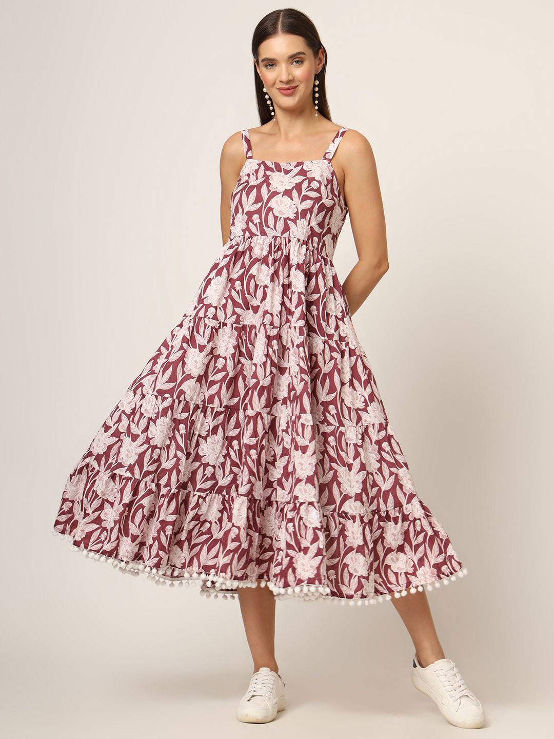 

Divena Floral Print Cotton Fit and Flare Midi Dress, Burgundy