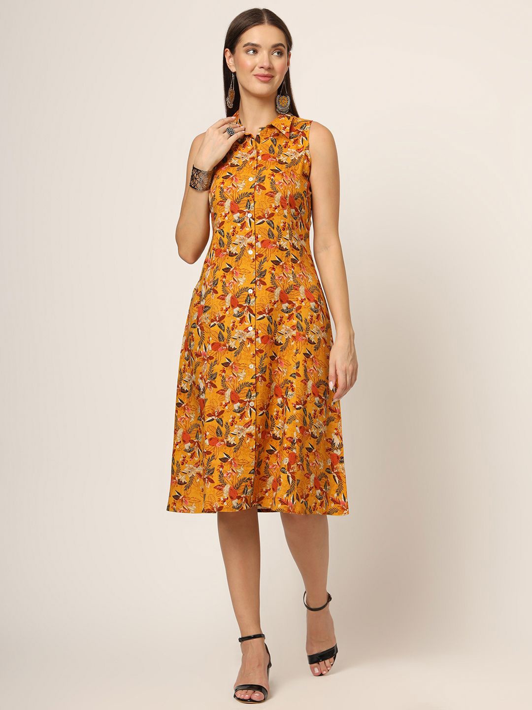 

Divena Floral Print Sleeveless Shirt Dress, Yellow