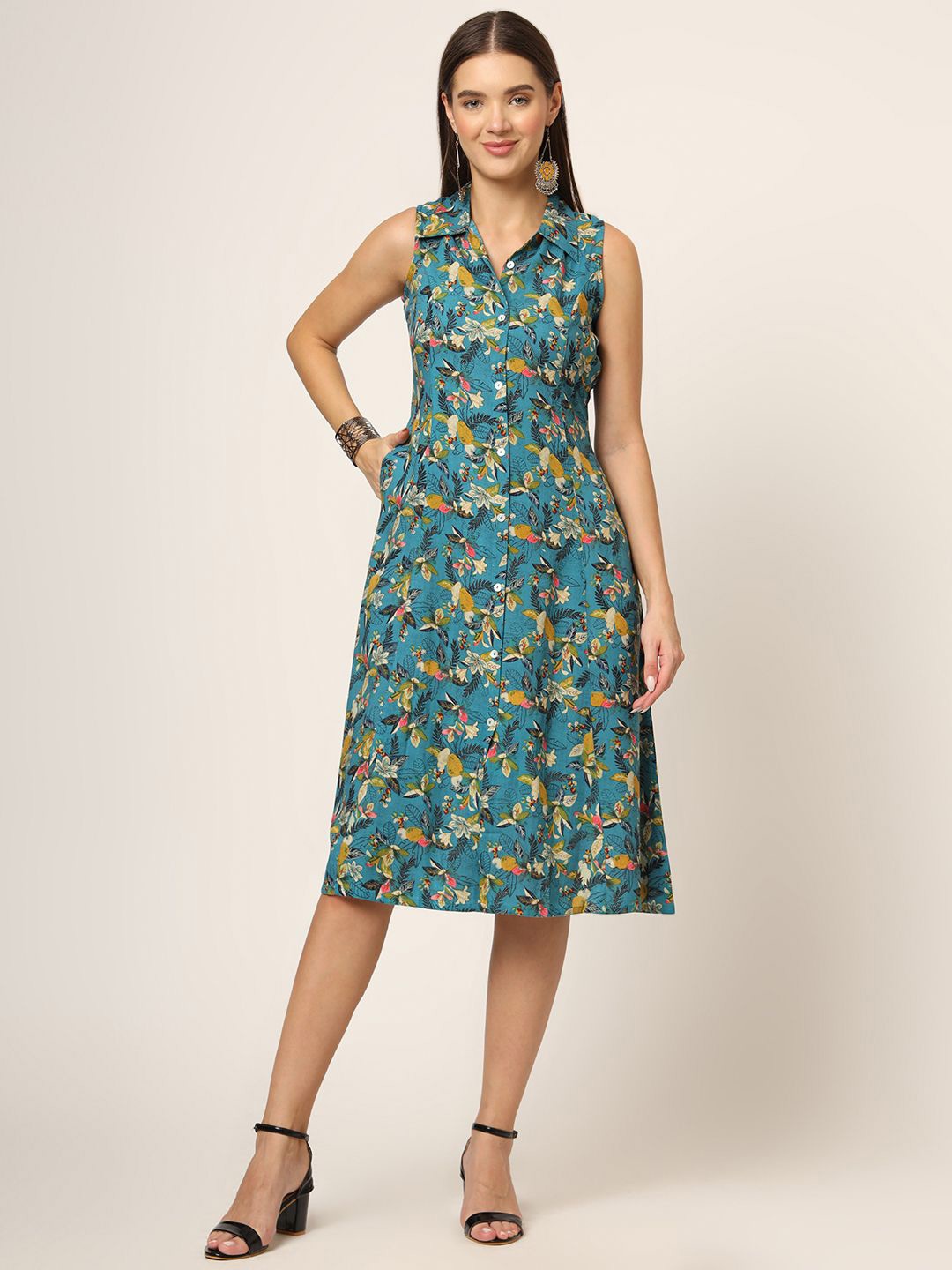 

Divena Floral Print Sleeveless Shirt Dress, Blue