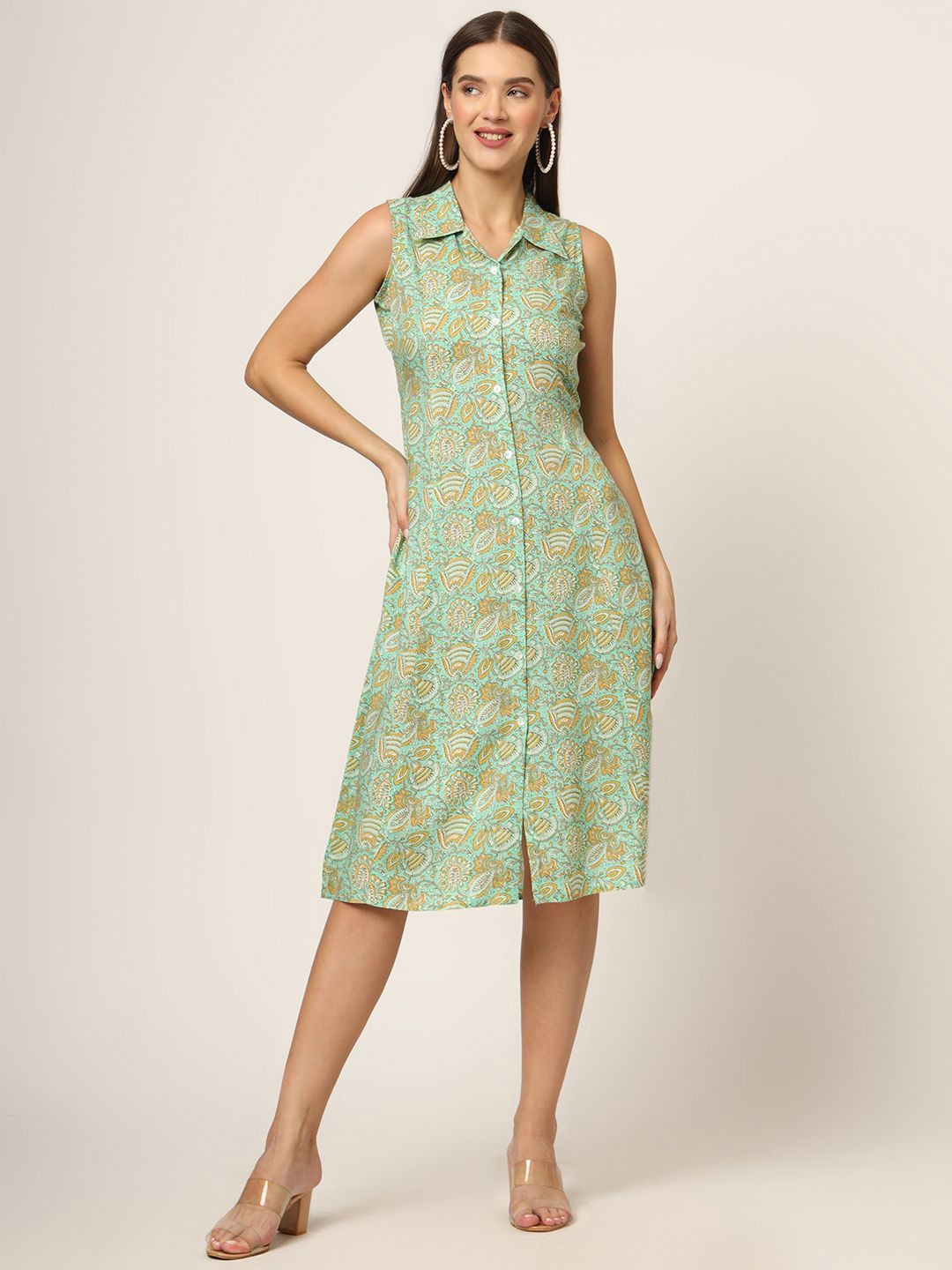 

Divena Floral Print Sleeveless Shirt Dress, Green