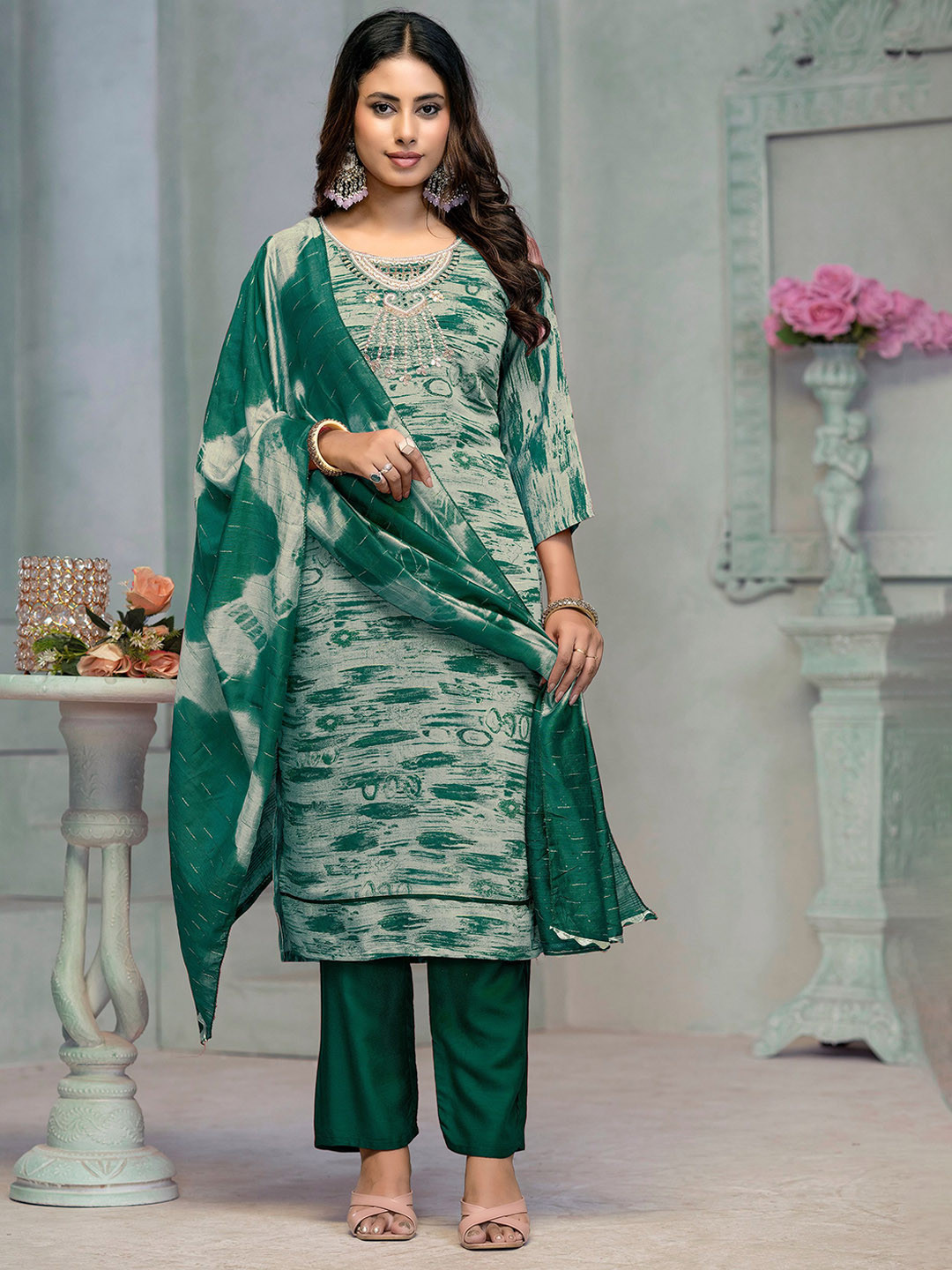 

MAHALASA Abstract Printed Beads Cotton Silk Straight Kurta With Trousers & Dupatta, Teal