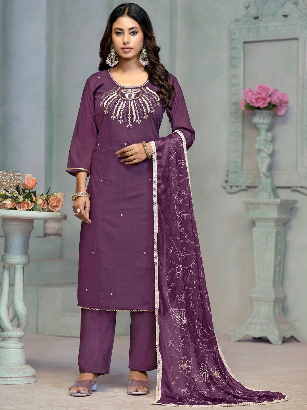 

MAHALASA Floral Embroidered Cotton Silk Straight Beads Kurta With Trousers & Dupatta, Purple