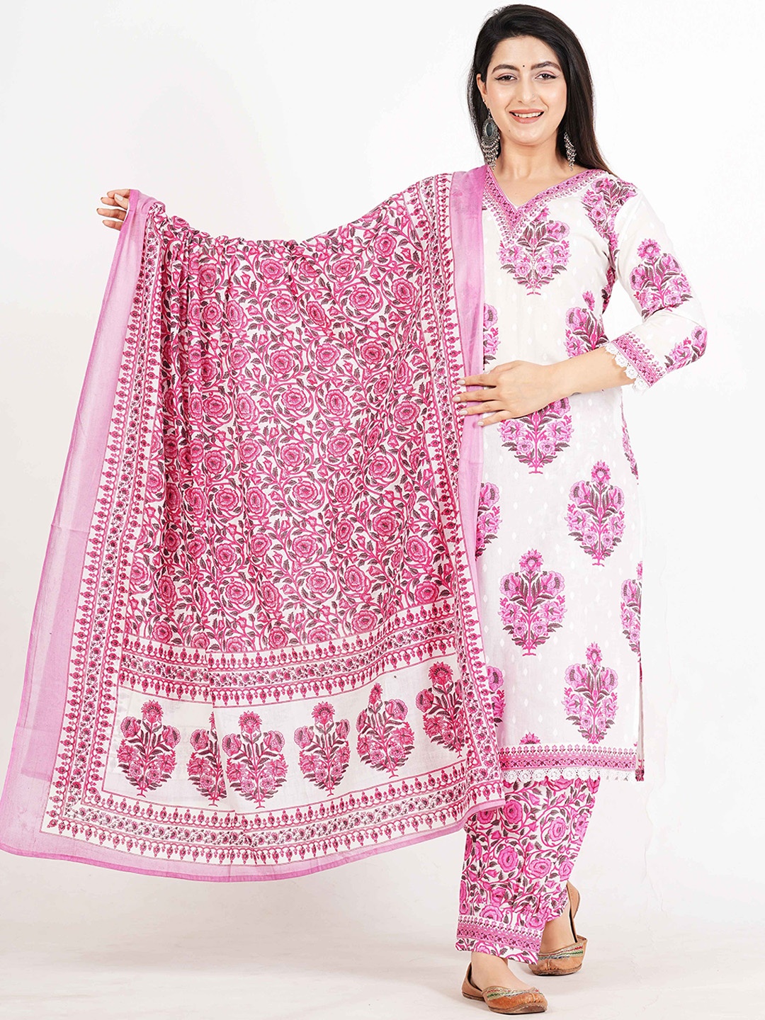 

JAFFRY EMBROIDERY Ethnic Motifs Printed Straight Pure Cotton Kurta with Salwar & Dupatta, Pink