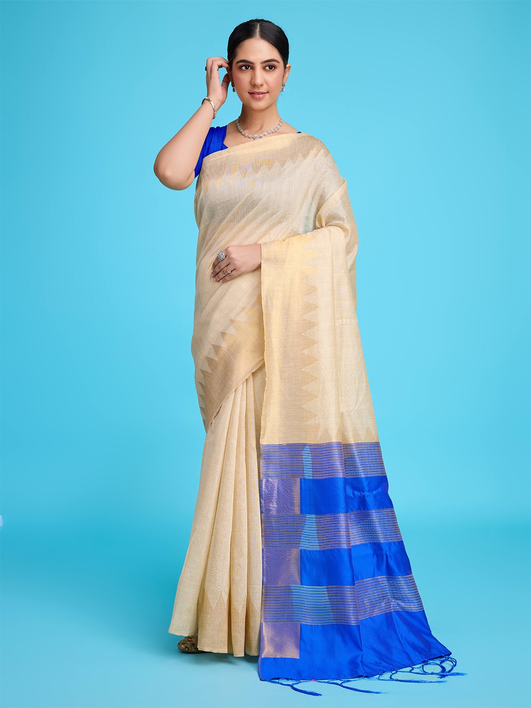 

V3 FASHION STUDIO Woven Design Zari Pure Cotton Jamdani Saree, Blue