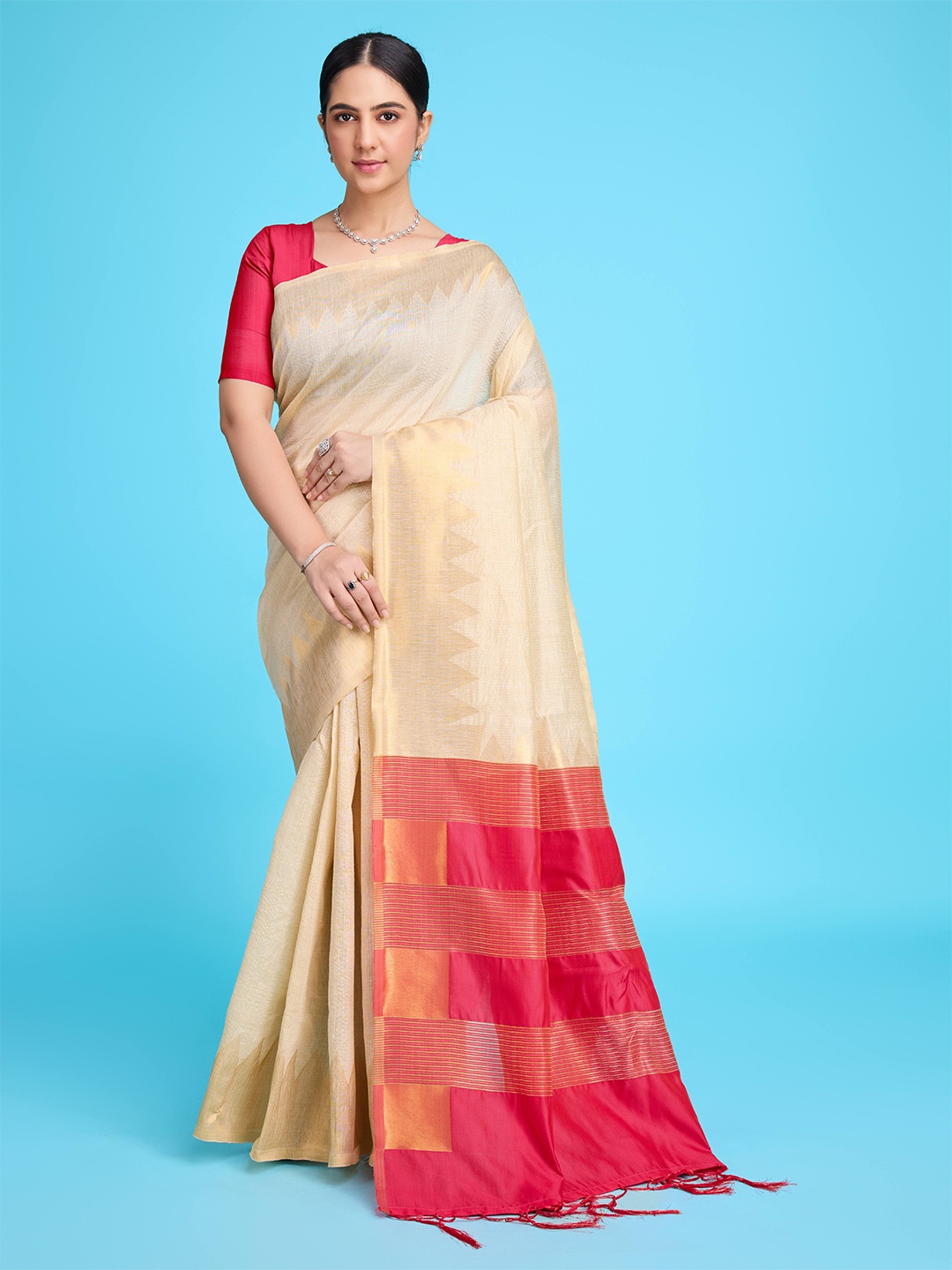 

V3 FASHION STUDIO Woven Design Zari Pure Cotton Jamdani Saree, Pink