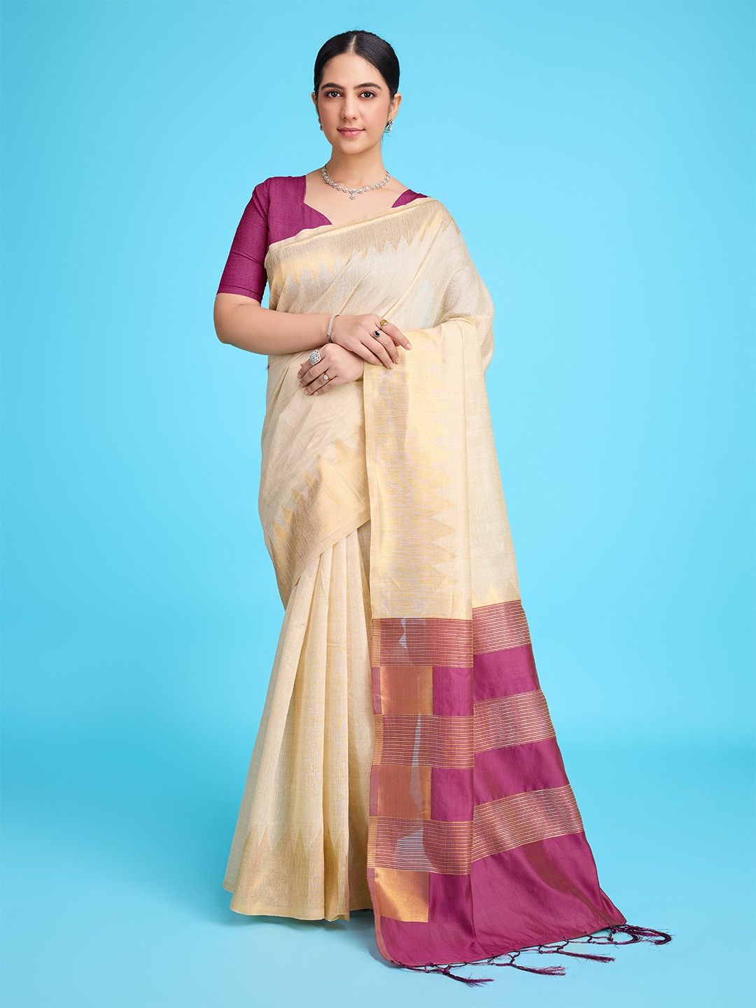 

V3 FASHION STUDIO Striped Zari Pure Cotton Jamdani Saree, Purple