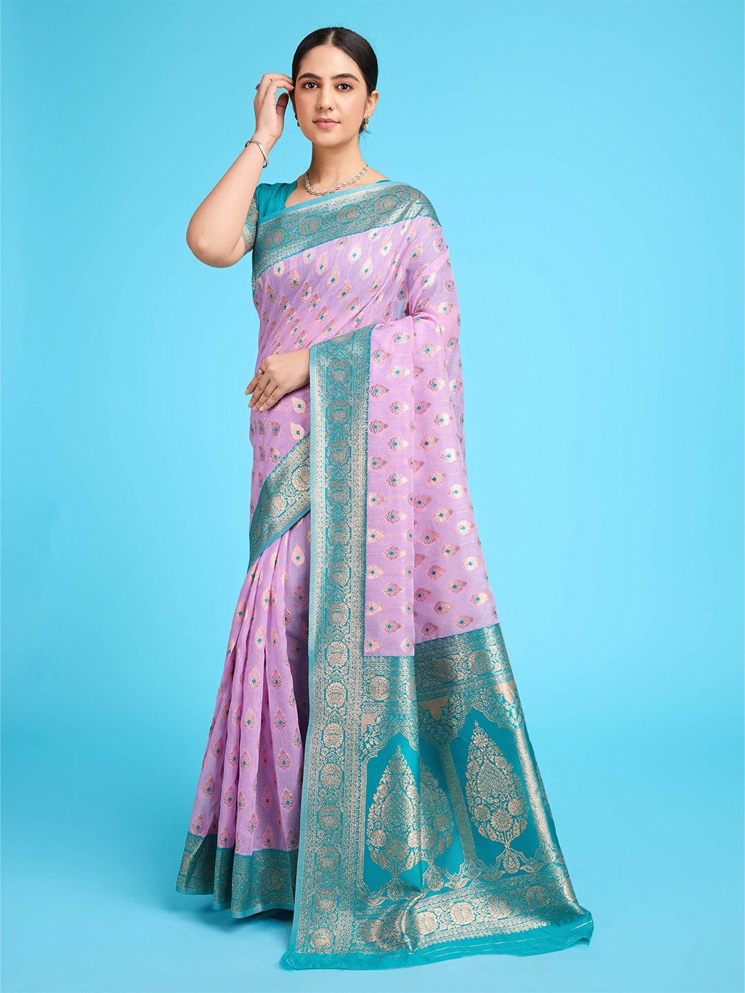 

V3 FASHION STUDIO Woven Design Zari Pure Linen Banarasi Saree, Purple