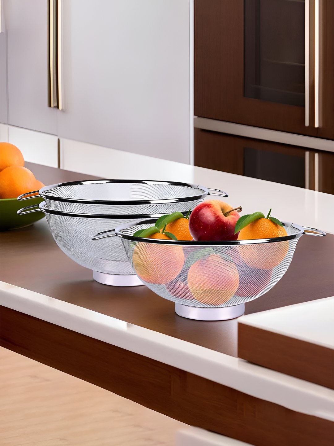 

Kuber Industries Silver Toned 3 Pieces Stainless Steel Fruit Baskets With Handle