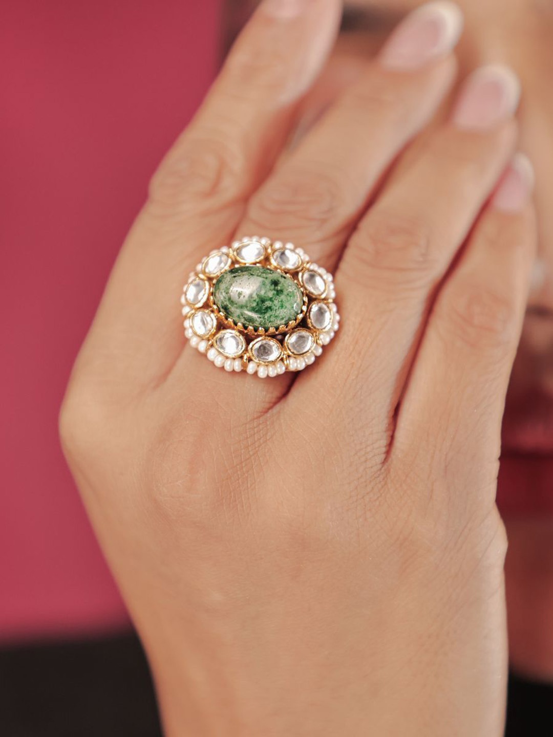 

srikala Gold Plated Stones Studded & Beaded Finger Ring