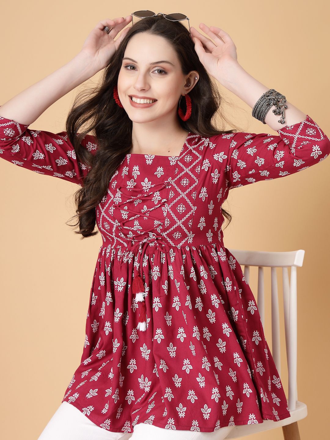 

God Bless Women Print Cinched Waist Top, Maroon