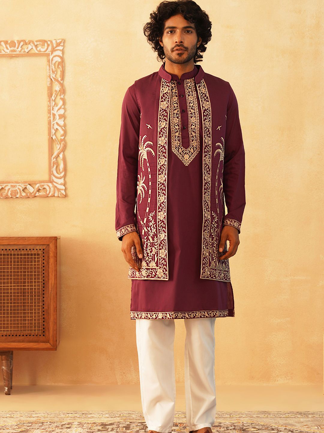 

Jompers Ethnic Motifs Yoke Design Thread Work Straight Kurta With Pyjamas, Purple