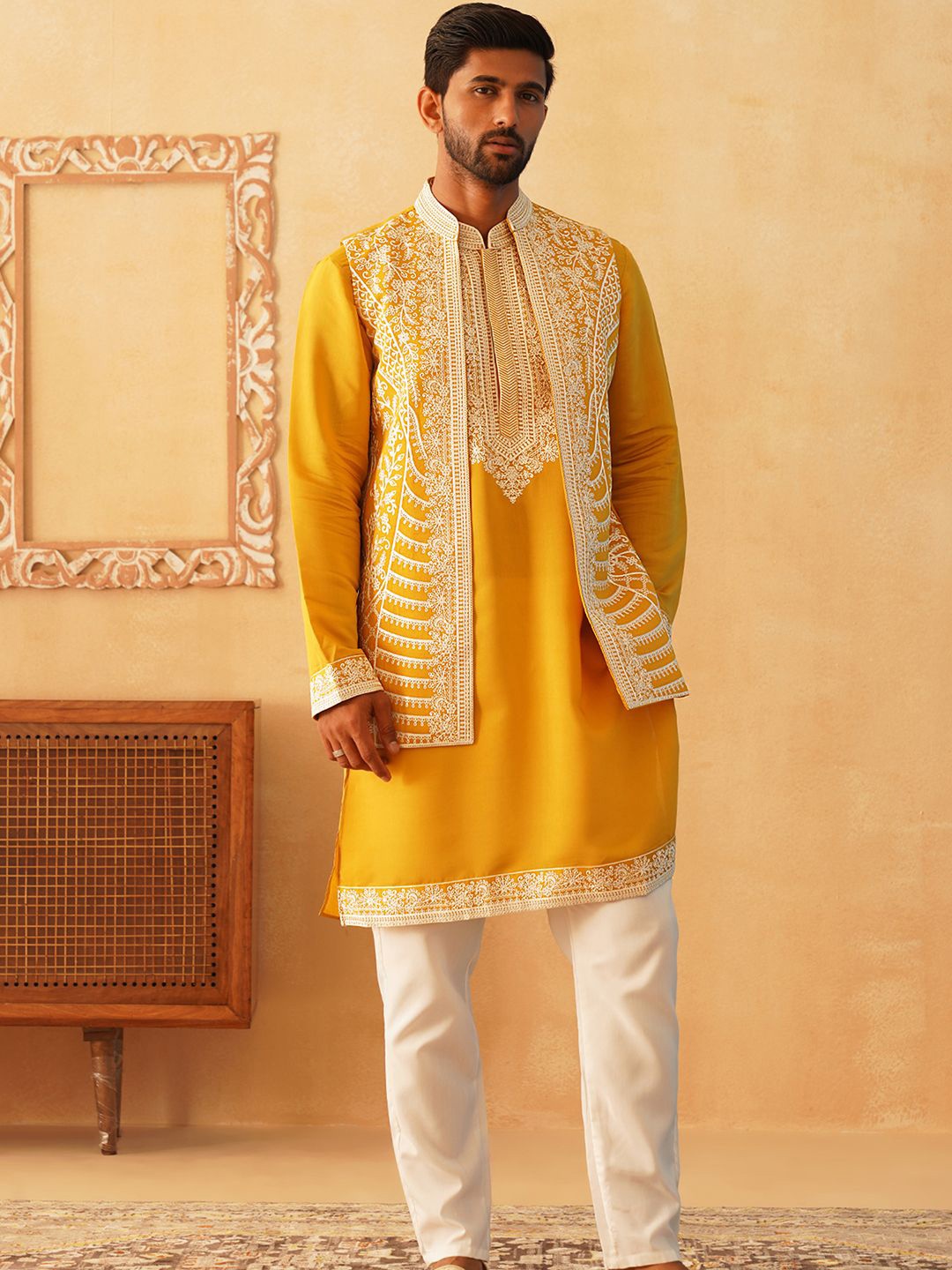 

Jompers Floral Embroidered Mandarin Collar Thread Work Kurta With Pyjamas, Mustard