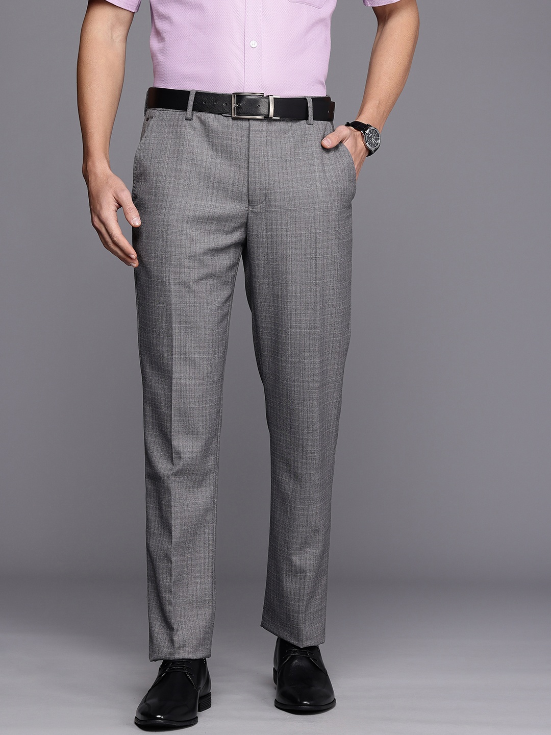 

Louis Philippe Men Checked Slim Fit Formal Trousers, Grey