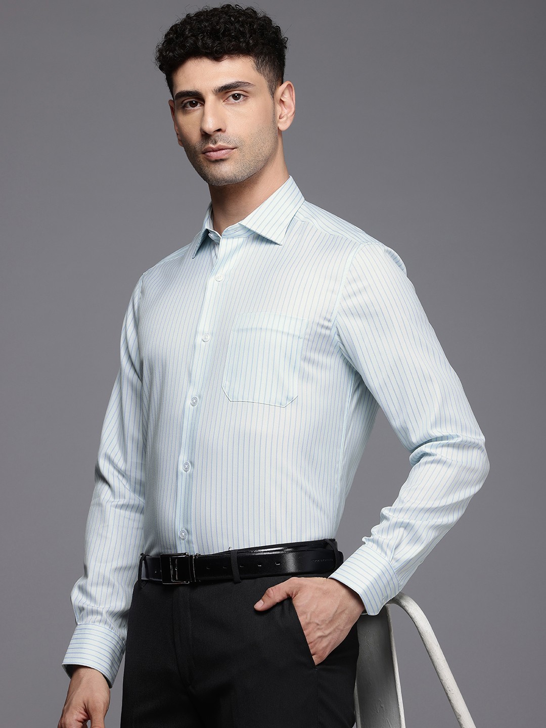 

Louis Philippe Classic Vertical Stripes Wrinkle Free Pure Cotton Formal Shirt, Blue