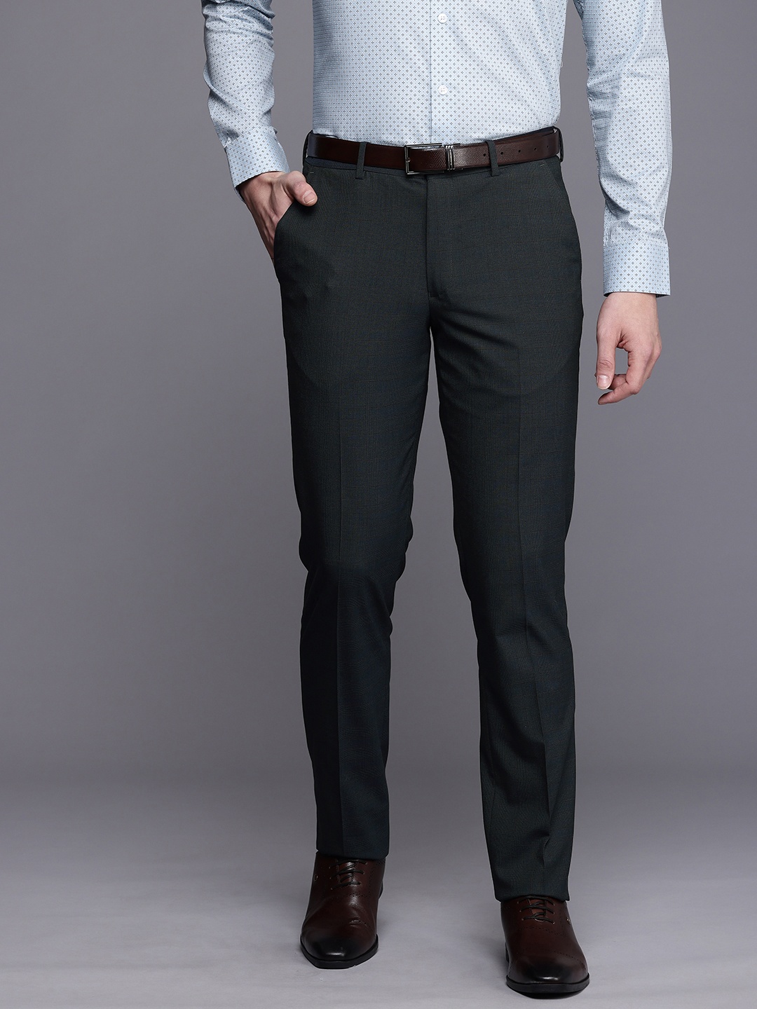 

Louis Philippe Men Checked Slim Fit Formal Trousers, Charcoal