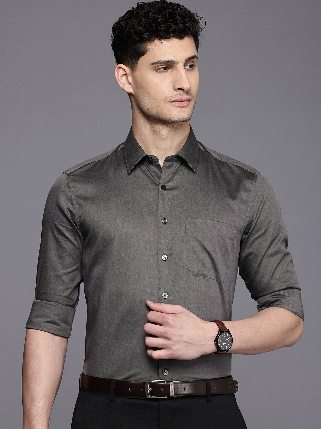 

Louis Philippe Men Slim Fit Opaque Pure Cotton Formal Shirt, Charcoal