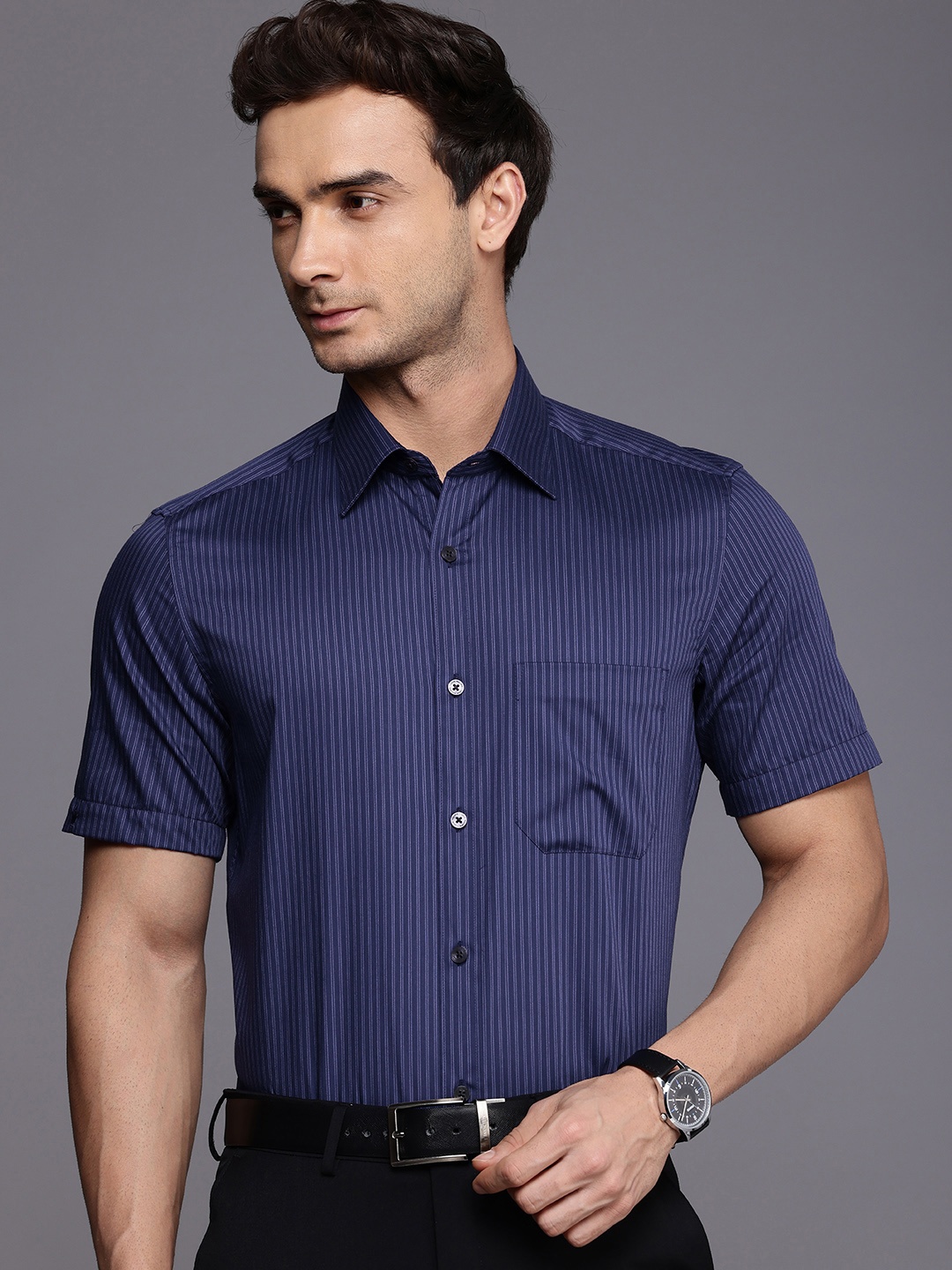 

Louis Philippe Pure Cotton Classic Opaque Striped Formal Shirt, Navy blue