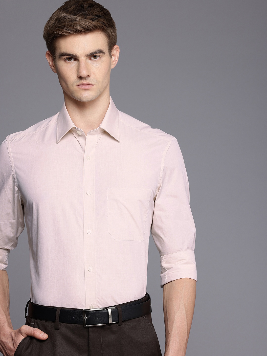 

Louis Philippe Classic Fit Cutaway Collar Pure Cotton Formal Shirt, Beige