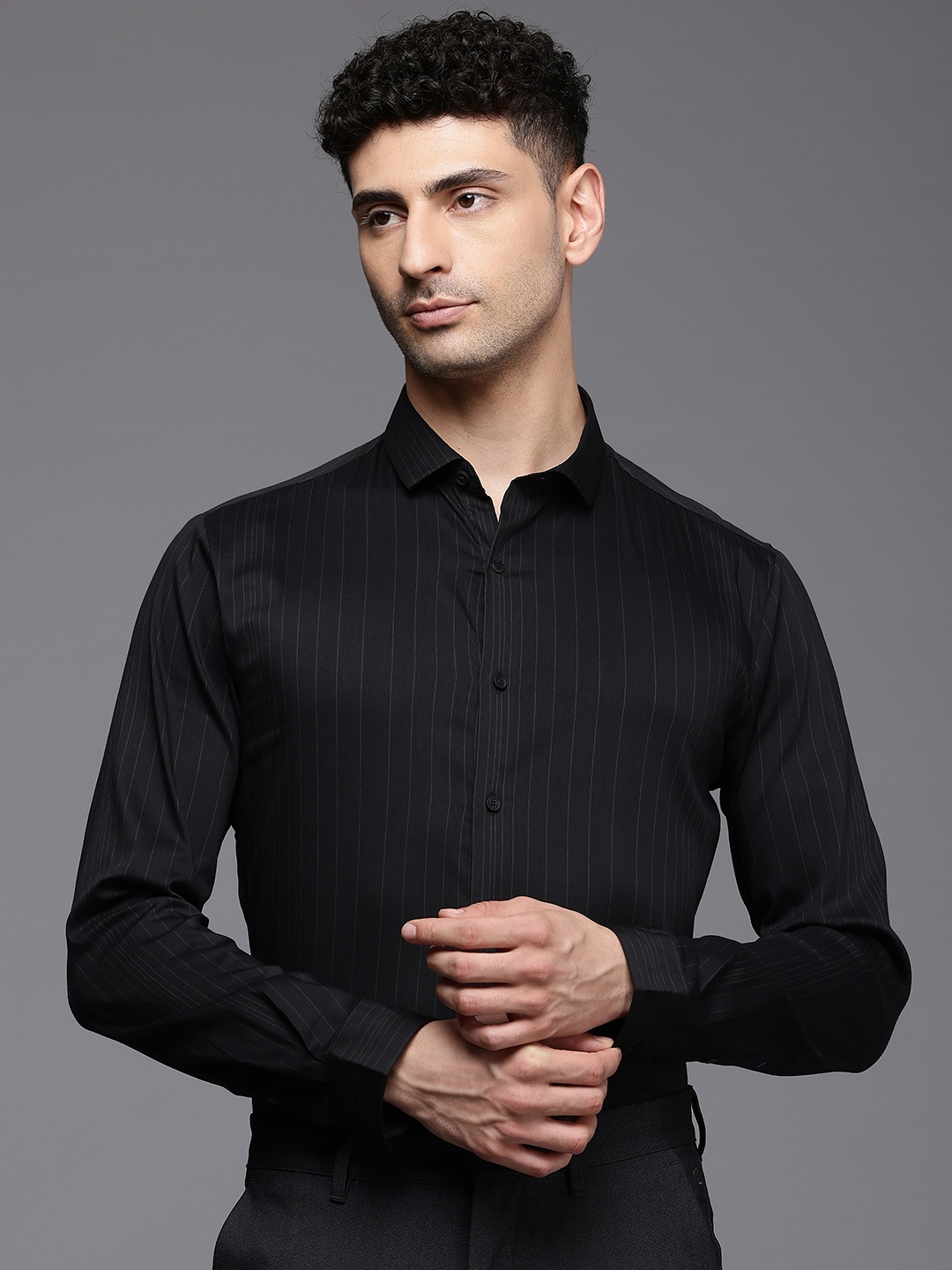 

Louis Philippe Ath.Work Super Slim Fit Opaque Striped Semiformal Shirt, Black