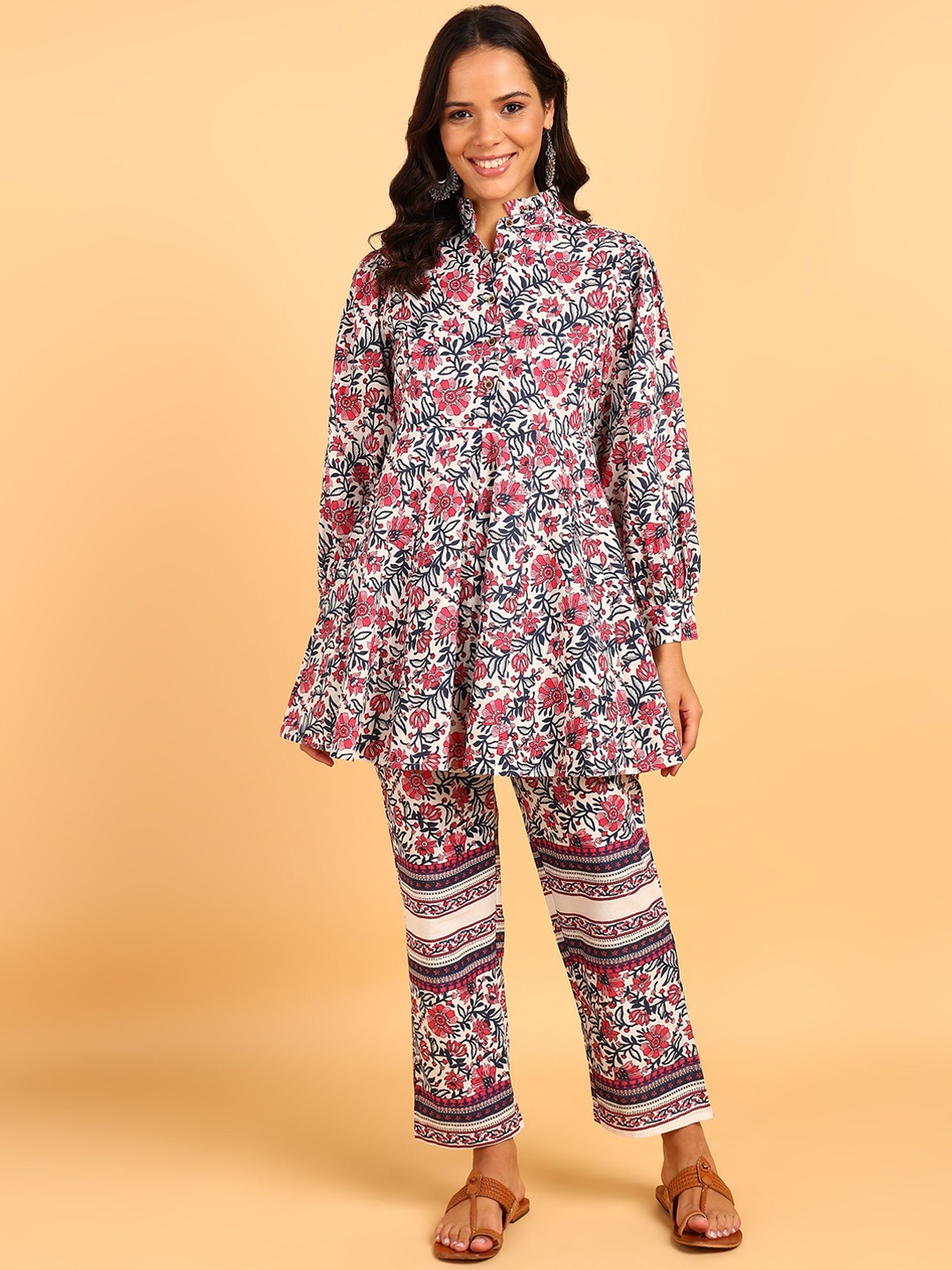 

ZNX Clothing Floral Printed Mandarin Collar Pure Cotton Kurti With Trouser, Cream