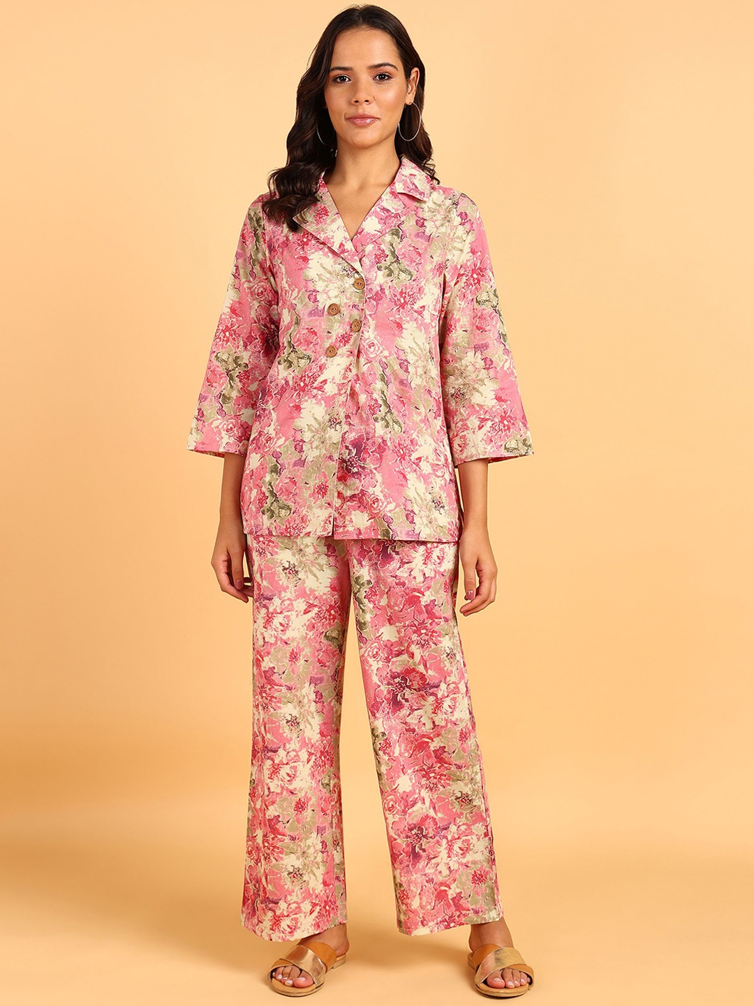 

ZNX Clothing Floral Printed Pure Cotton Shirt With Trouser, Pink