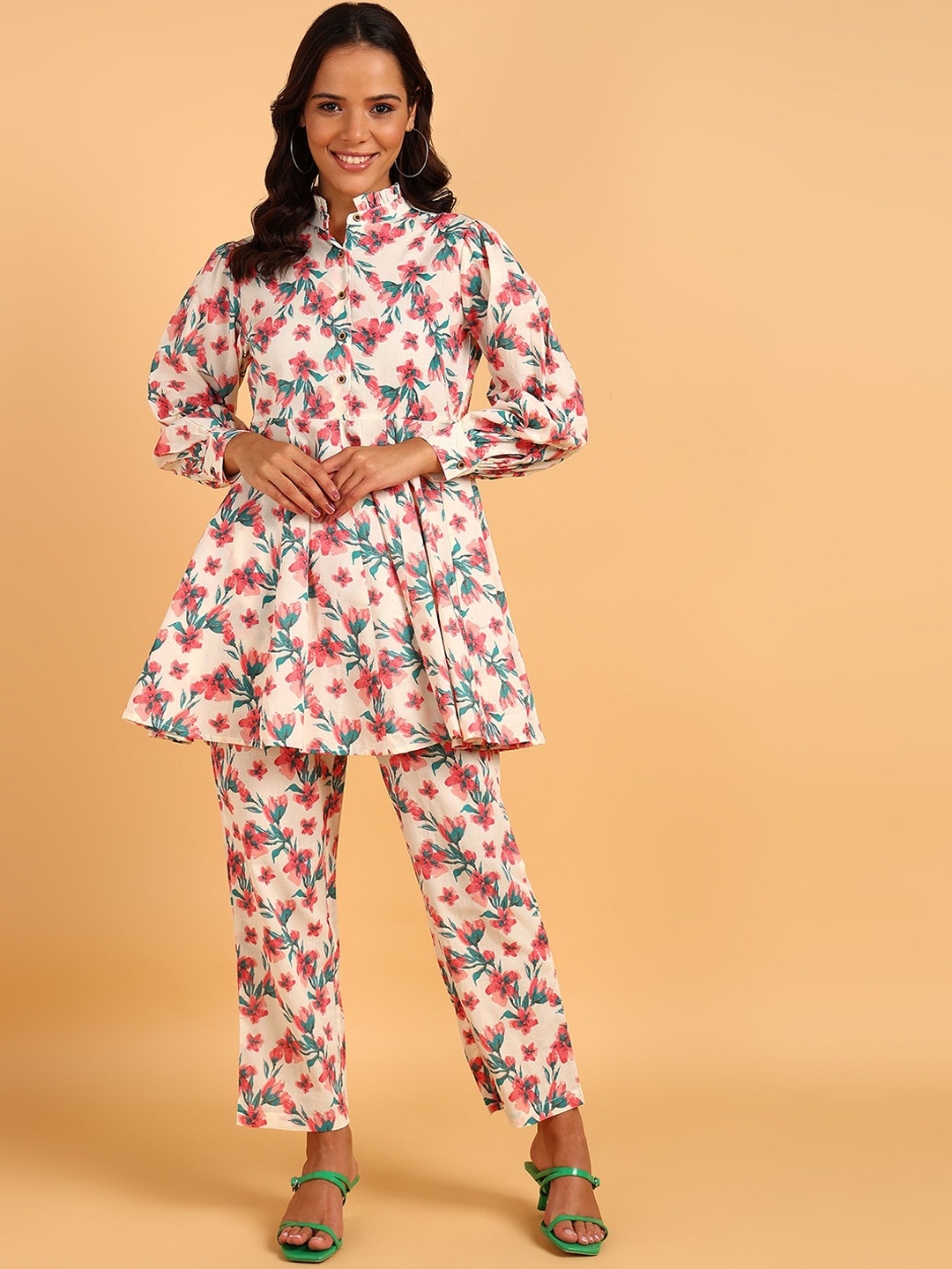 

ZNX Clothing Floral Printed Mandarin Collar Pure Cotton Kurti With Trouser, Cream